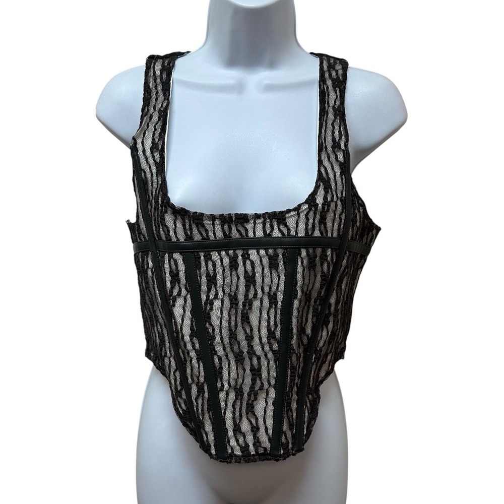 Maniere De Voir Lace Faux Leather Corset Top Zipper Back Size EU38 US 6 NEW